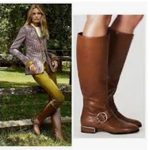 Tory Burch Sofia brown gold logo leather tall riding boots
